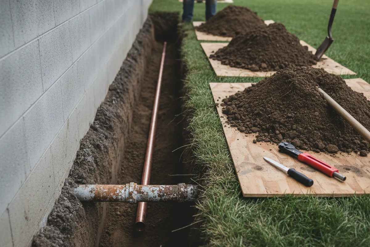 Excavated water line trench during Sewer Line Repair in Summitville
